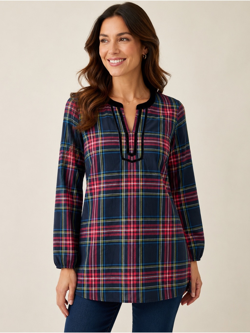 Talbots Plaid Tunic Top Women’s Large NWT Velvet Trim Holiday Tartan Blouse